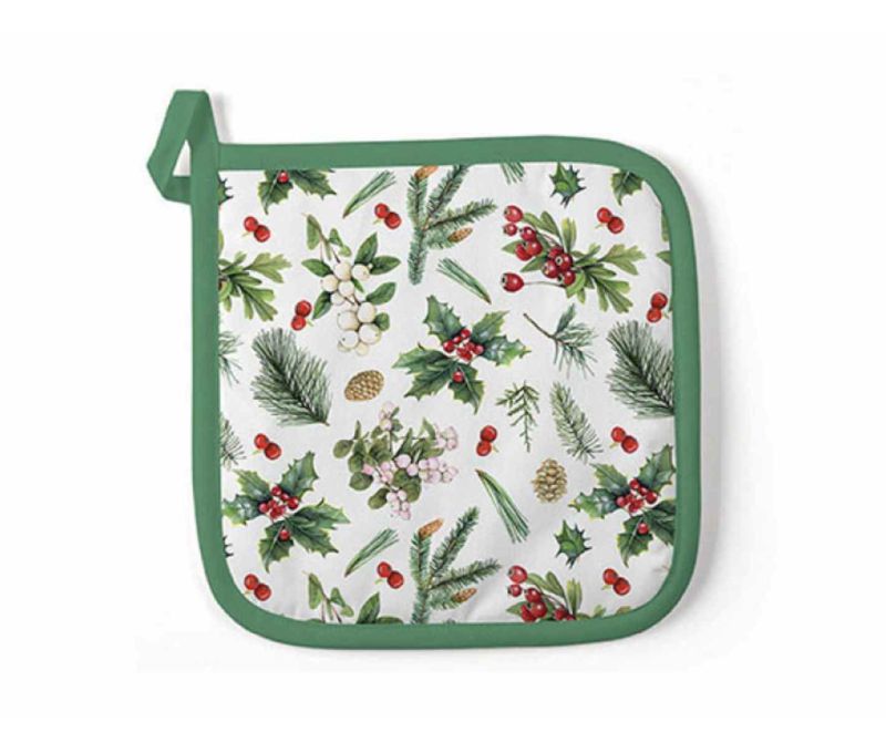 Manique coton blanc bordure verte motifs houx baies rouges branches sapin pommes pin 20x20cm