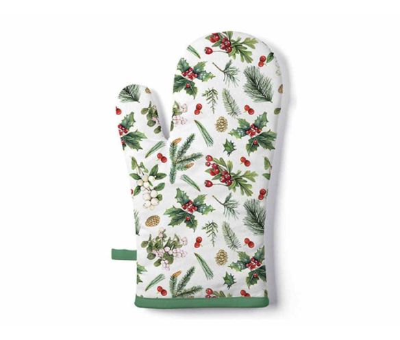 Gant cuisine coton blanc motifs houx baies rouges branches sapin pommes pin Noël 18x30cm