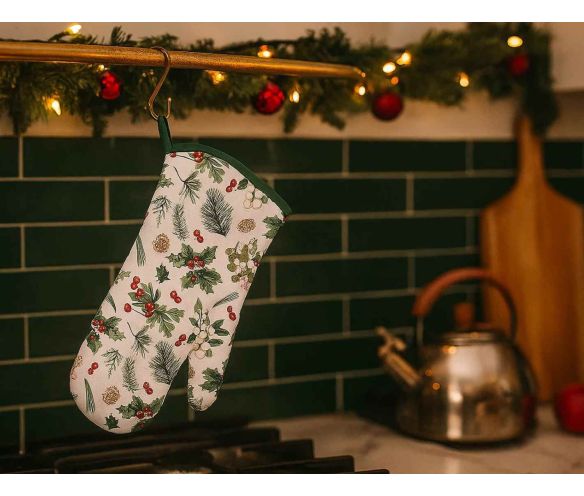 Gant cuisine coton blanc motifs houx baies rouges branches sapin pommes pin Noël 18x30cm