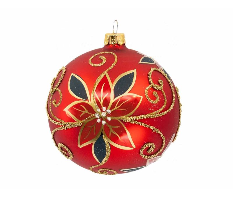 Boule de Noël rouge verre soufflé médaillon Père Noël vintage motifs dorés poinsettia D10cm