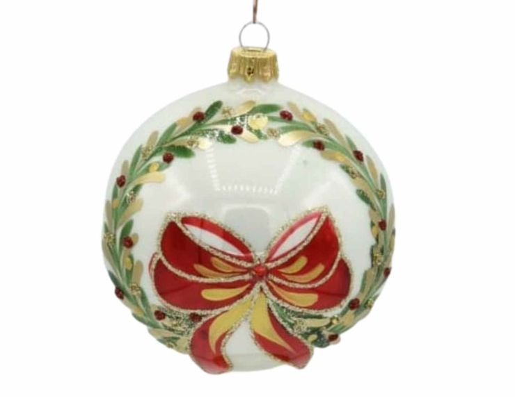 Boule de Noël blanche noeud rouge D 10 cm
