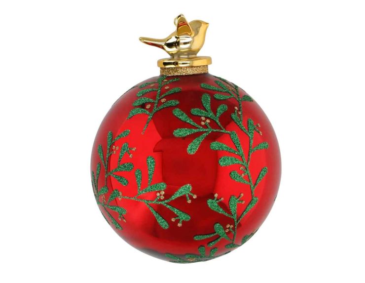 Boule de Noël rouge gui vert 10 cm