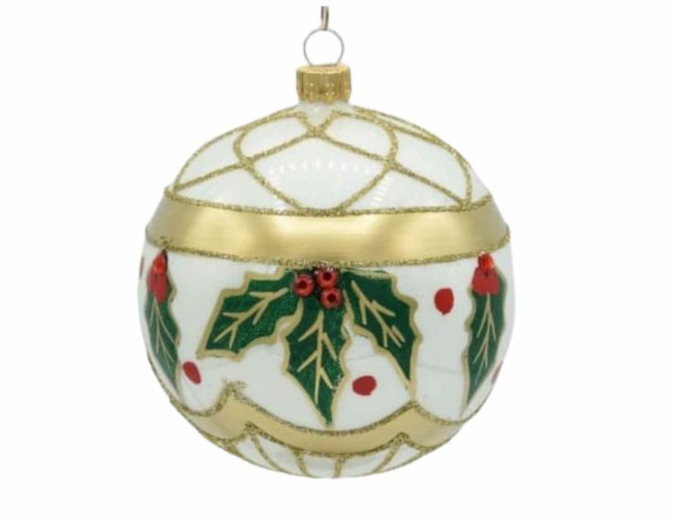 Boule de Noël blanc doré houx D 10 cm
