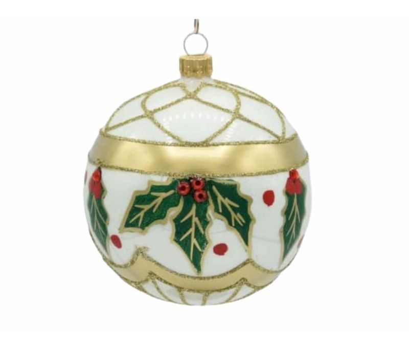 Boule de Noël blanche verre soufflé houx vert baies rouges doré peint main D10cm