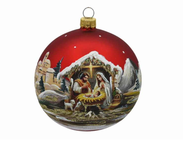 Boule de Noël rouge crèche D 10 cm