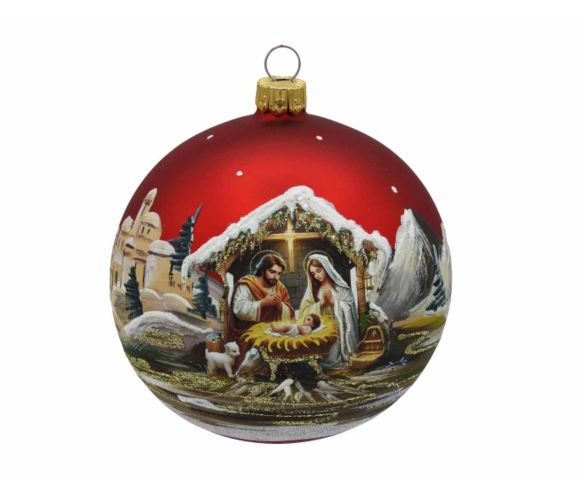 Boule de Noël rouge crèche D 10 cm