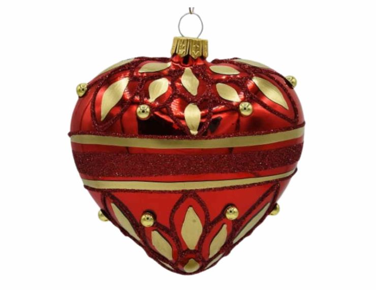 Suspension cœur de Noël rouge or verre 10 cm