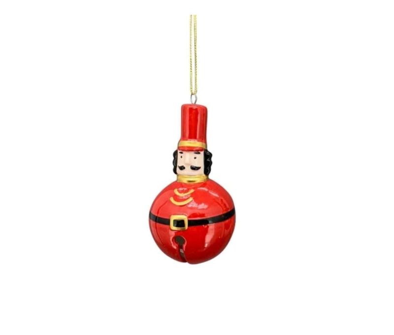 Suspension céramique rouge casse-noisette cloche corps rond tête chapeau rouge moustache noire ceinture dorée H11cm