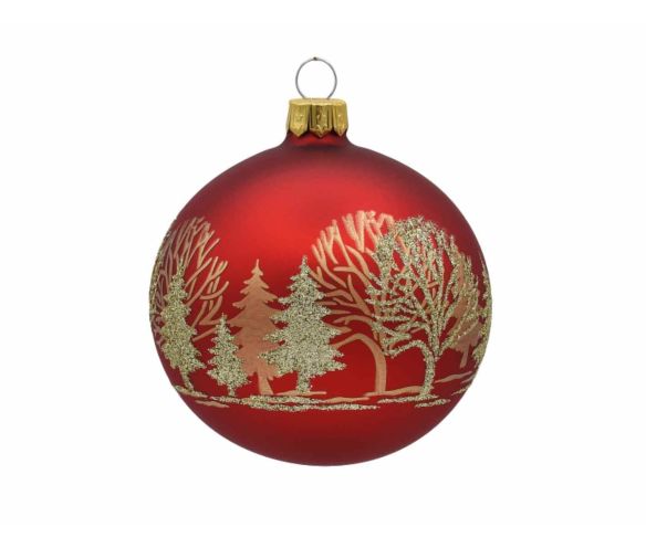 Boule de Noël rouge mat verre soufflé forêt dorée pailletée sapins arbres D8cm