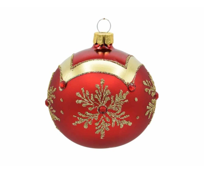 Boule de Noël rouge mat verre soufflé flocon doré pailleté strass rouges D8cm