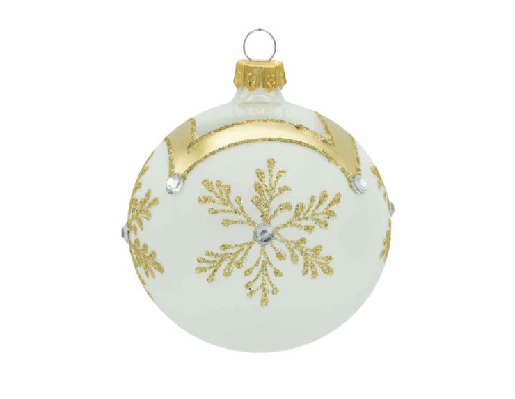 Boule de Noël blanche flocon doré 8 cm