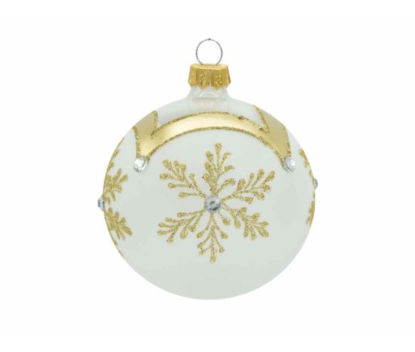 Boule de Noël blanche verre flocon doré pailleté strass argentés D8cm