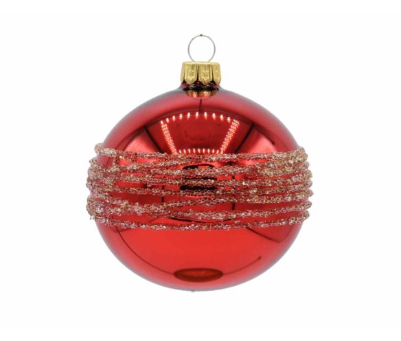 Boule de Noël rouge brillante verre bandes billes transparentes D8cm