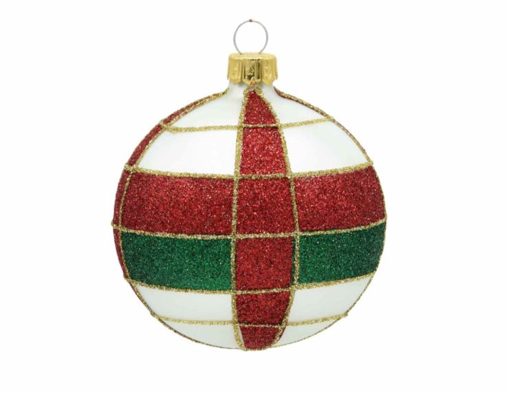 Boule de Noël blanche tartan pailleté 8 cm