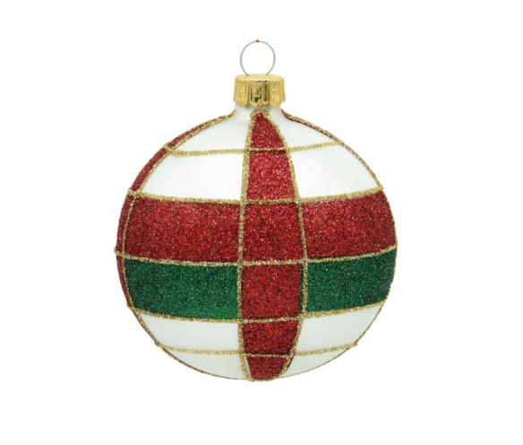 Boule de Noël blanche verre motif tartan pailleté rouge vert doré D8cm