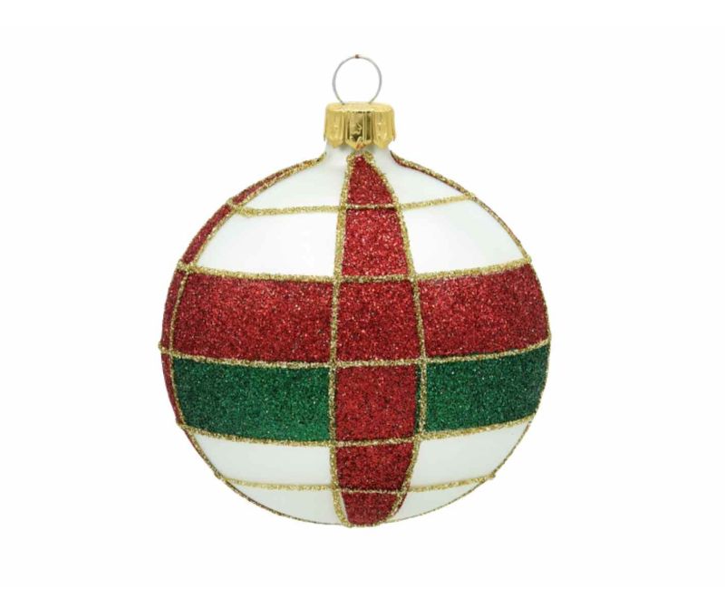 Boule de Noël blanche verre motif tartan pailleté rouge vert doré D8cm