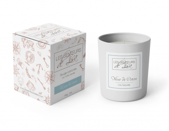 Bougie parfumée Fleur de coton 100% naturelle en cire de soja. Pot en verre blanc mat, mèche en coton, parfum de Grasse.