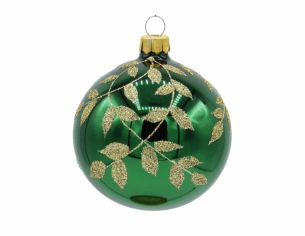Boule de Noël verte feuilles dorées D 8cm