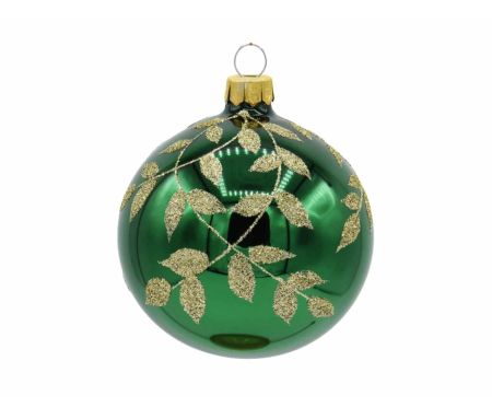 Boule de Noël verte feuilles dorées D 8cm