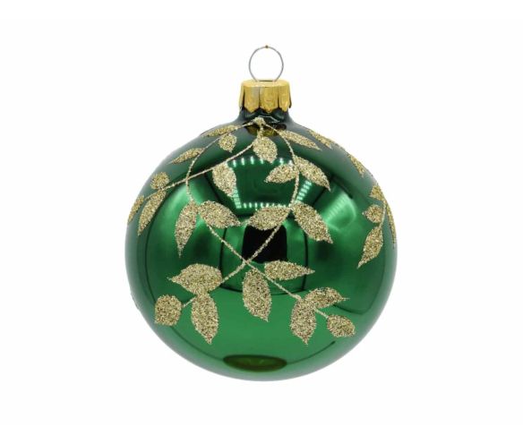 Boule de Noël verte feuilles dorées D 8cm