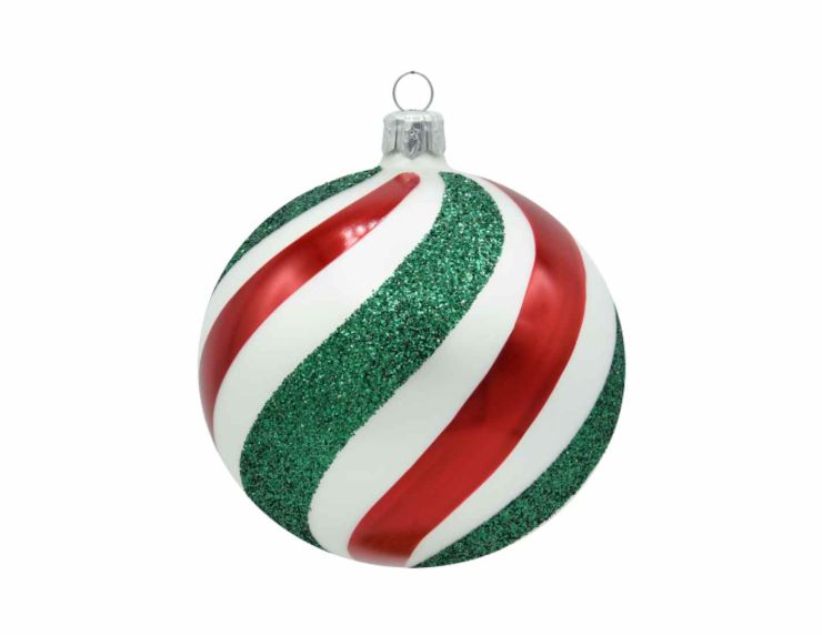Boule de Noël blanche rayures vertes rouges D8cm