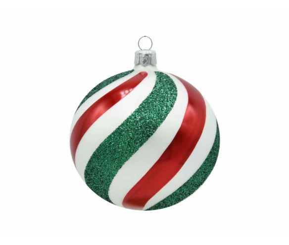 Boule de Noël blanche verre rayures diagonales rouge vert pailleté D8cm
