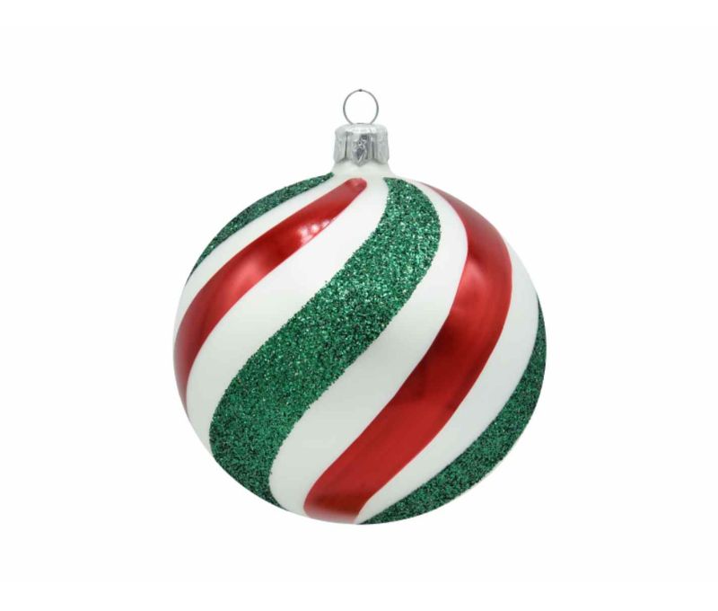 Boule de Noël blanche verre rayures diagonales rouge vert pailleté D8cm