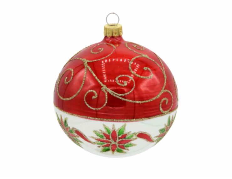 Boule de Noël rouge blanc Poinsettia verre 8 cm