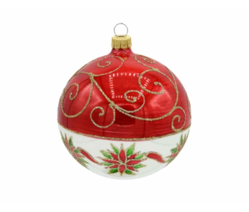 Boule de Noël rouge blanc Poinsettia verre 8 cm