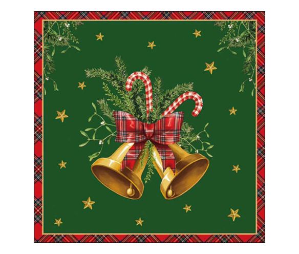 Serviette papier Noël fond vert cloches dorées ruban écossais rouge sucres d'orge étoiles bordure 33x33cm