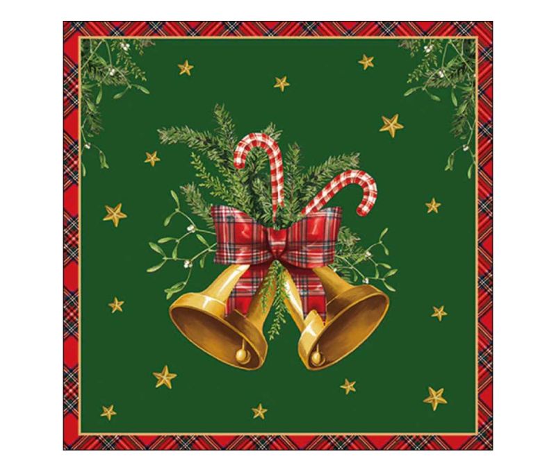 Serviette papier Noël fond vert cloches dorées ruban écossais rouge sucres d'orge étoiles bordure 33x33cm