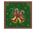 Voir la slide Serviette papier Noël fond vert cloches dorées ruban écossais rouge sucres d'orge étoiles bordure 33x33cm
