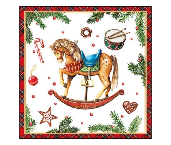 Serviette papier Noël cheval à bascule jouets rétro tambour biscuits bordure écossaise rouge 33x33cm