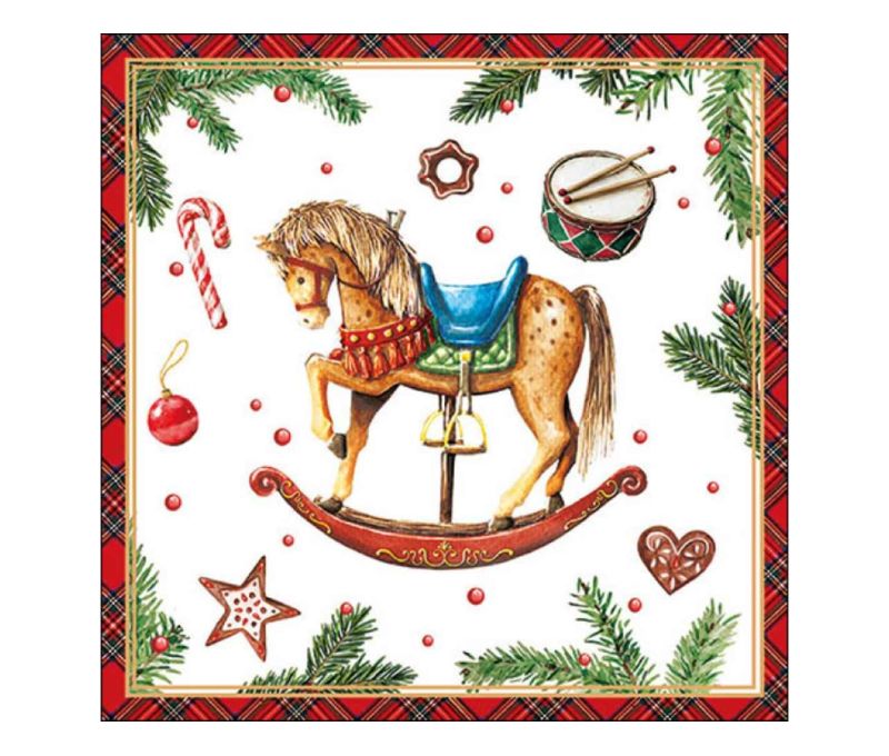 Serviette papier Noël cheval à bascule jouets rétro tambour biscuits bordure écossaise rouge 33x33cm