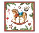 Voir la slide Serviette papier Noël cheval à bascule jouets rétro tambour biscuits bordure écossaise rouge 33x33cm