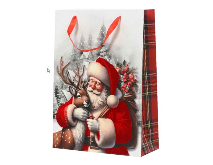 Sac cadeau Noël Santa et renne tartan H 32 cm
