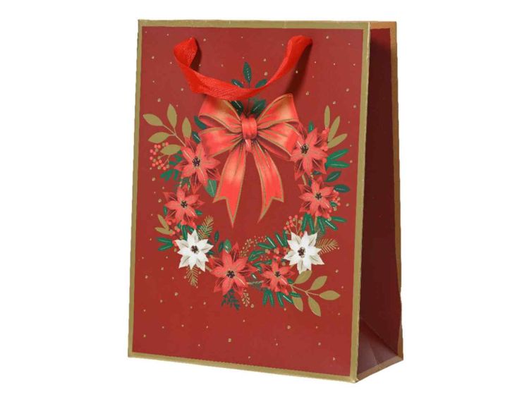 Sac cadeau Noël couronne rouge et doré H 32 cm
