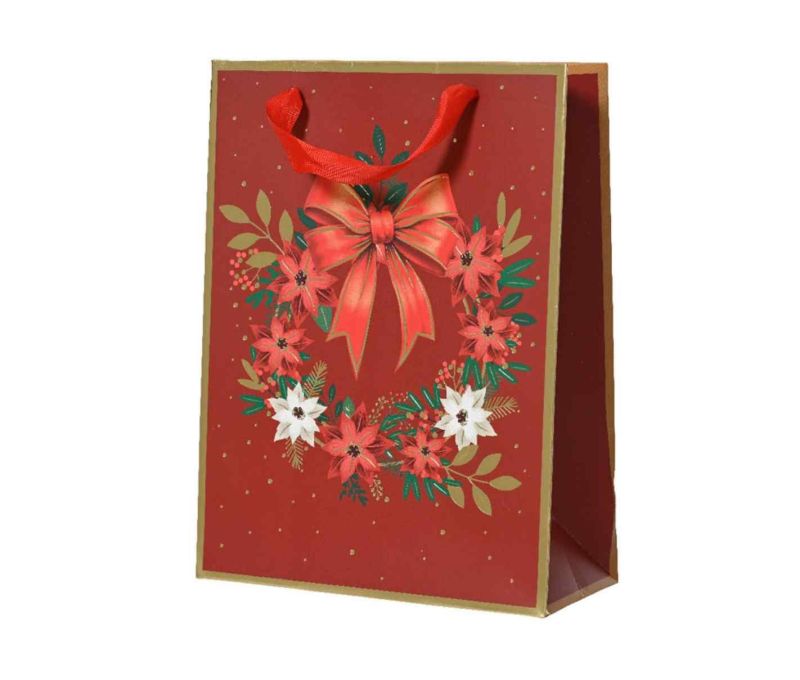 Sac cadeau Noël fond rouge couronne poinsettia dorée nœud anses ruban H32cm