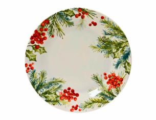 Assiette de Noël en porcelaine, décorée de branches de sapin et baies de houx, diamètre 27 cm.