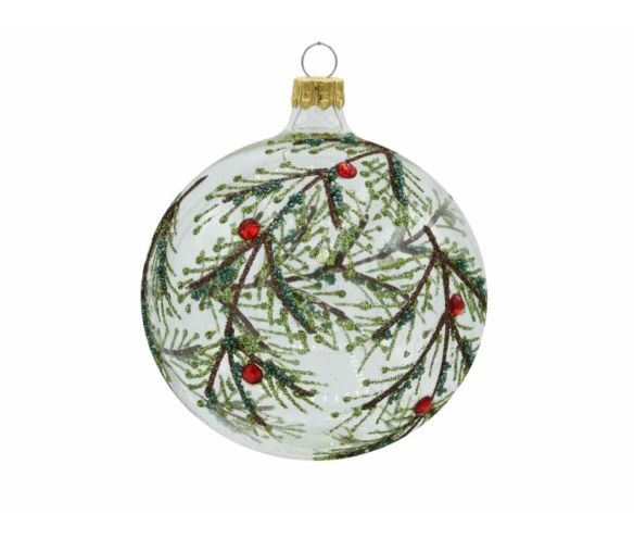Boule de Noël transparente verre branches vertes pailletées baies rouges D8cm