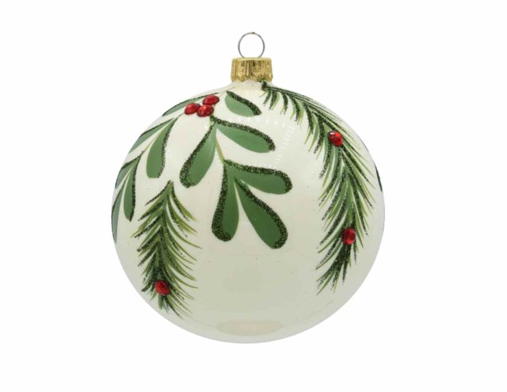 Boule de Noël crème feuillage vert 8 cm