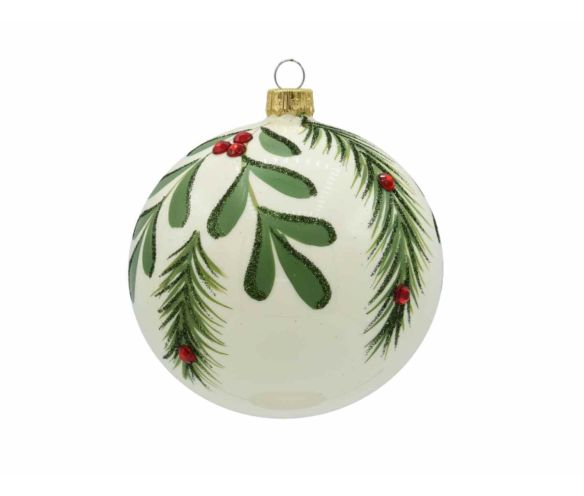 Boule de Noël crème brillante verre feuillage vert pailleté baies rouges D8cm
