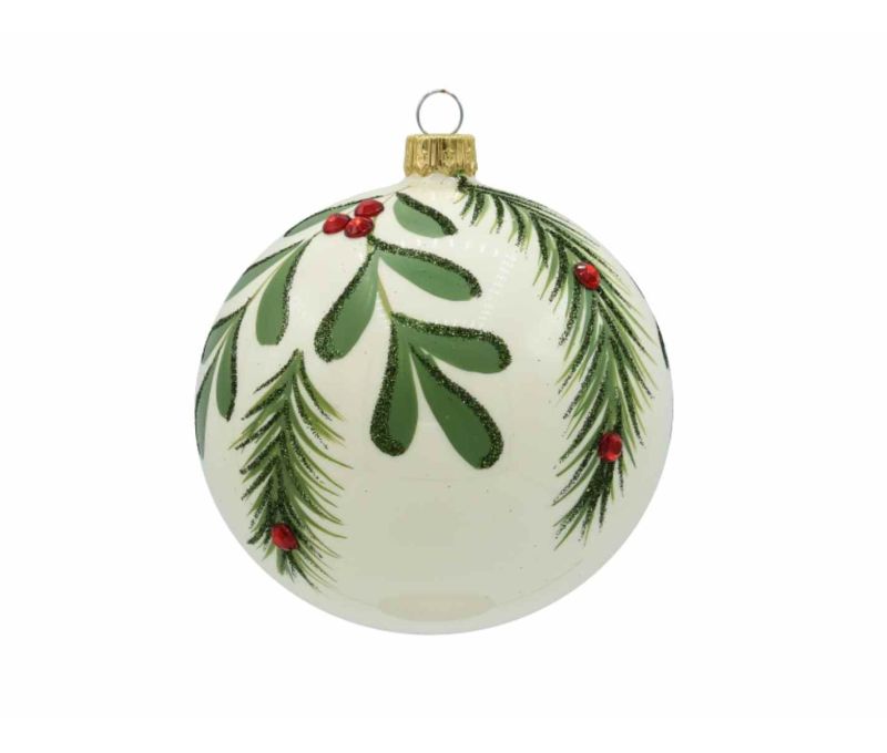 Boule de Noël crème brillante verre feuillage vert pailleté baies rouges D8cm