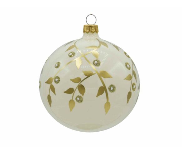 Boule de Noël crème verre feuillage doré branches pailletées perles D8cm