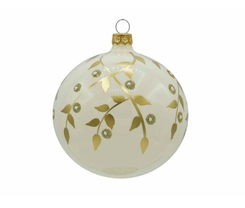 Boule de Noël crème verre feuillage doré branches pailletées perles D8cm