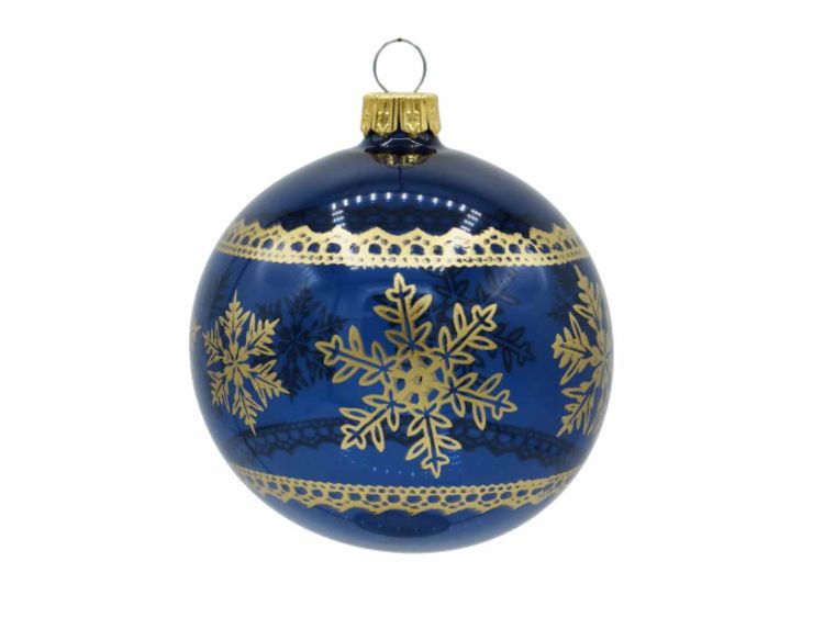 Boule de Noël bleu flocons dorés en verre 8 cm
