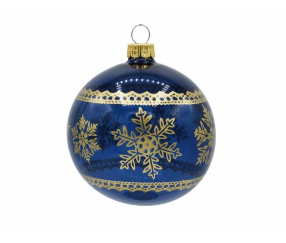 Boule de Noël bleu verre flocons dorés frises dentelle dorée D8cm