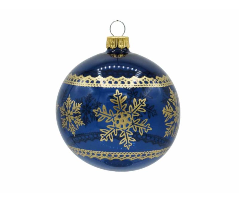 Boule de Noël bleu verre flocons dorés frises dentelle dorée D8cm