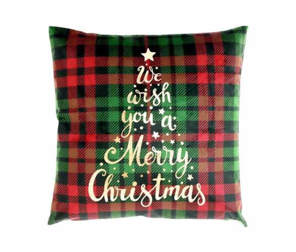 Coussin de Noël tartan rouge vert noir inscription We wish you a Merry Christmas doré étoiles sapin 45x45cm - Lilosquare