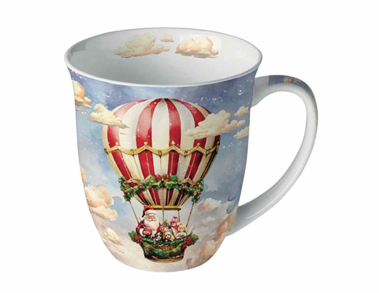 Mug de Noël en porcelaine 400 ml décor montgolfière avec Père Noël et ses cadeaux.